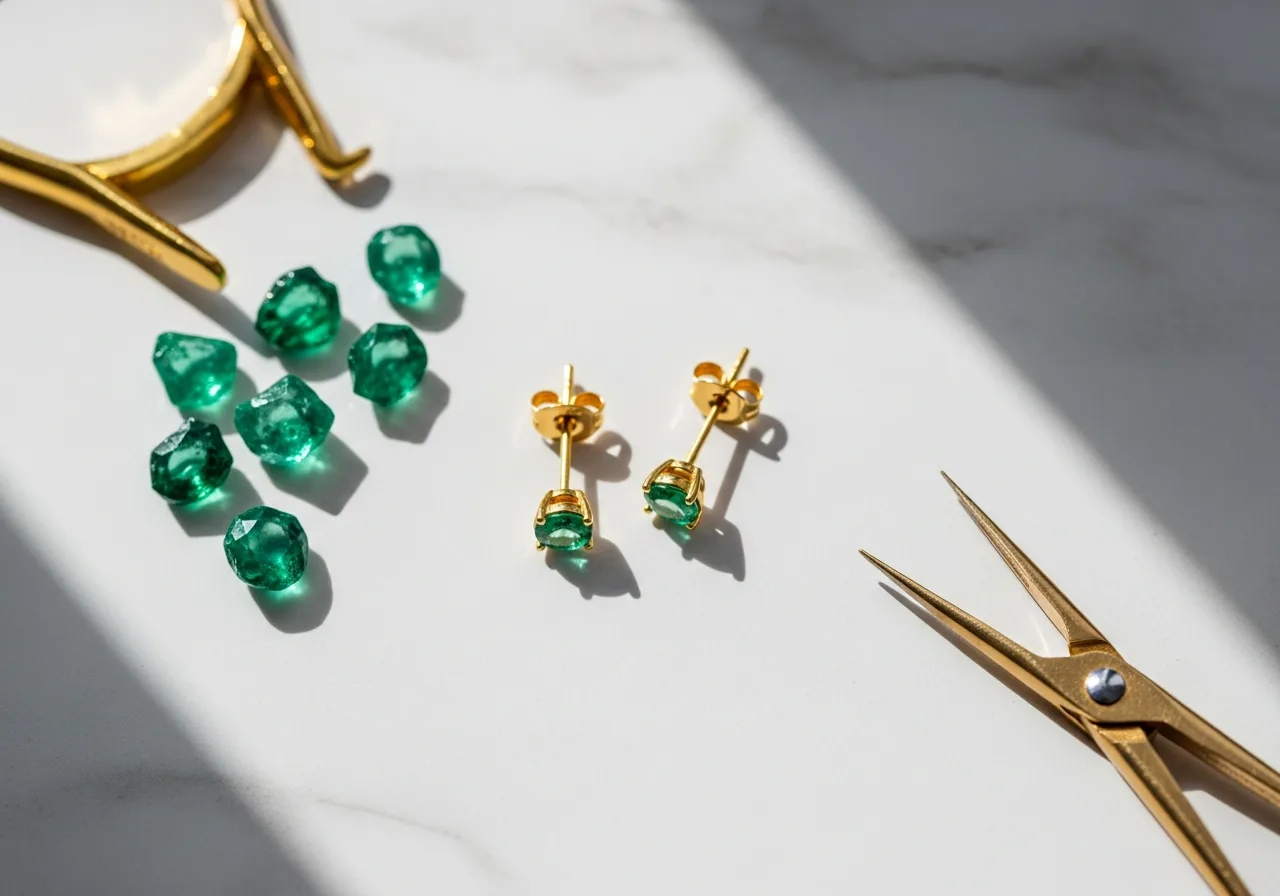 Boucles d'oreilles émeraude et argent sur fond neutre